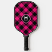 Pink Black Plaid Monogram Name Pickleball Schläger (Vorderseite)