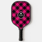 Pink Black Plaid Monogram Name Pickleball Schläger (Rückseite)