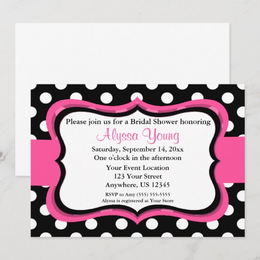 Pink Black Polka Dot Bridal oder Babydusche Einlad Einladung (Vorne/Hinten)