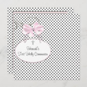 Pink Black Polka Dot Cross Girls First Communion Einladung (Vorne/Hinten)