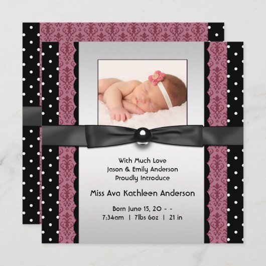 Pink Black Polka Dot Girl Foto Geburtsankündigung Ankündigung (Vorne/Hinten)