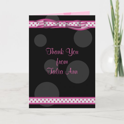 Pink Black Polka Dot Ribbon Bat Mitzvah Thank You Dankeskarte (Vorderseite)