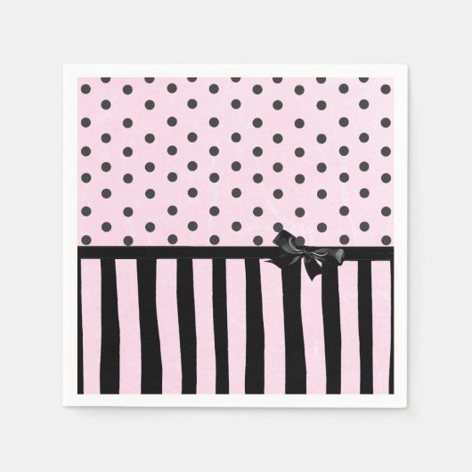 Pink & Black Polka Dot Striptes Party Papier Napki Serviette (Vorderseite)