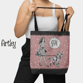 Pink Black Polka Dot Woman Poodle Monogram Initial Tasche
