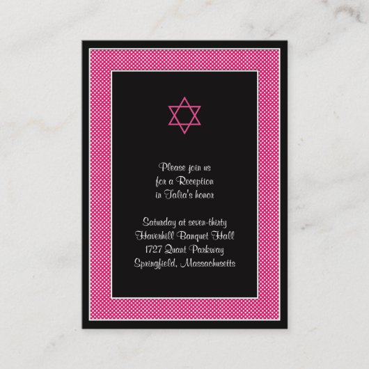 Pink Black Polka Dots Bat Mitzvah Empfang Card Begleitkarte (Vorderseite)