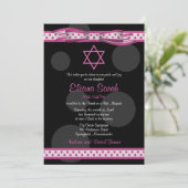 Pink Black Polka Dots Bow Bat Mitzvah Einladung (Stehend Vorderseite)