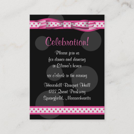 Pink Black Polka Dots Ribbon Bat Mitzvah Empfang Begleitkarte (Vorderseite)