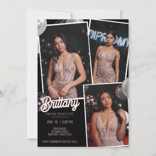 Pink Black Prom abschicken drei Fotos Einladung (Vorderseite)