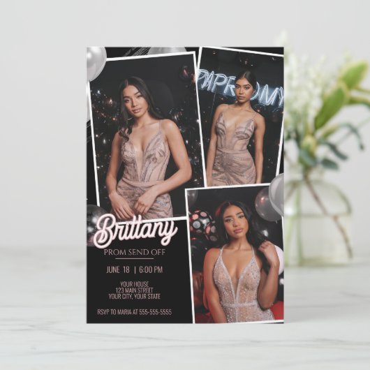 Pink Black Prom abschicken drei Fotos Einladung (Stehend Vorderseite)