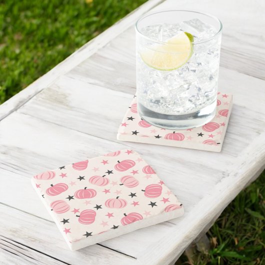 Pink & Black Pumpkin mit Stars Halloween & Autumn Steinuntersetzer