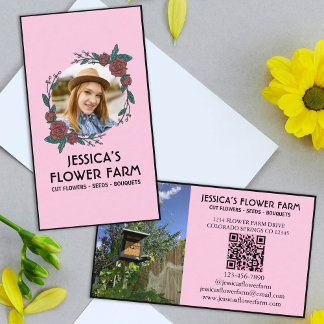 Pink & Black QR Code Professional 2 Photo Floral Visitenkarte