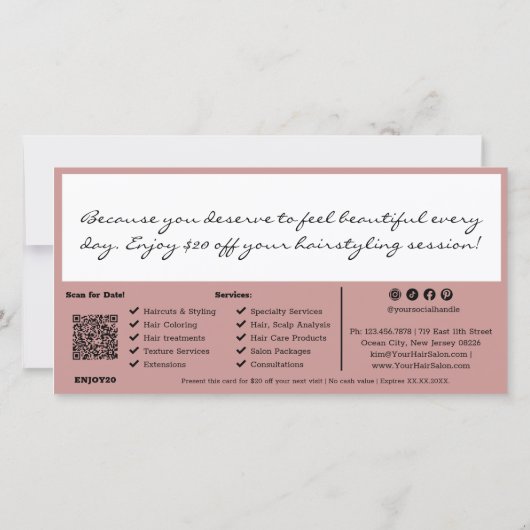Pink Black QR Code Salon Hinweis Gutscheinkarte (Rückseite)