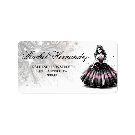 Pink & Black Quinceñera Girl Adressaufkleber (Vorne)