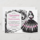 Pink & Black Quinceñera Girl Einladung (Vorderseite)