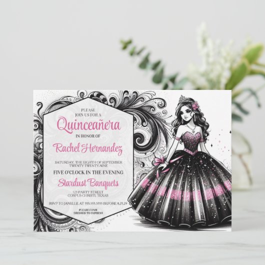 Pink & Black Quinceñera Girl Einladung (Stehend Vorderseite)