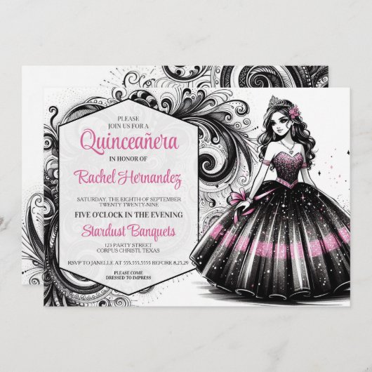 Pink & Black Quinceñera Girl Einladung (Vorne/Hinten)