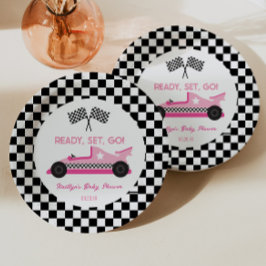 Pink Black Race Auto Ready Set Go Baby Dusche Pappteller