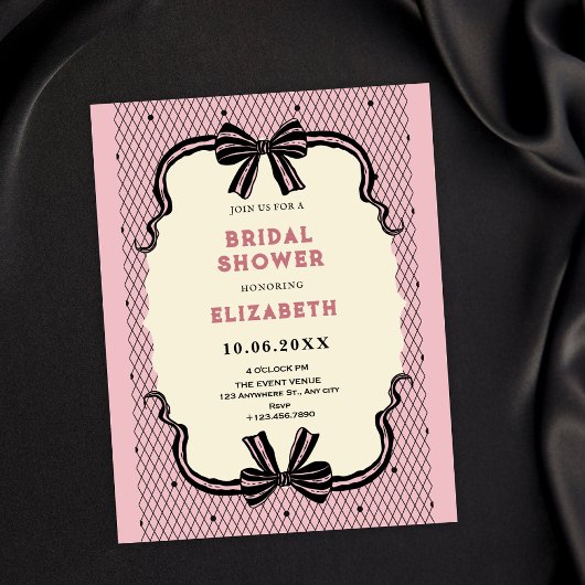 Pink black retro bow bridal shower einladung