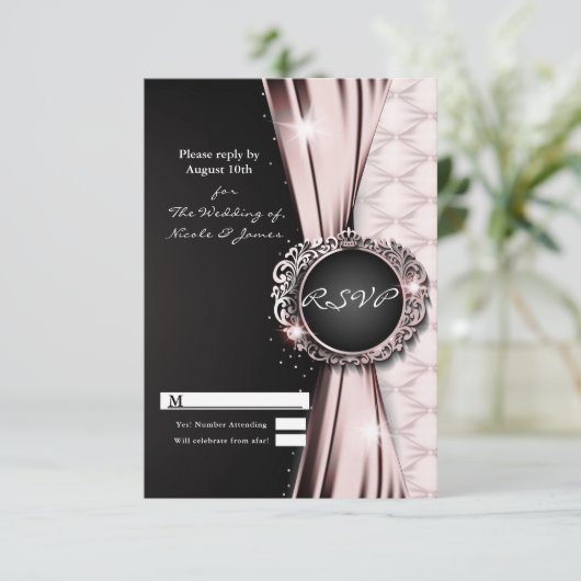 Pink Black Ribbon Glam Luxury Wedding RSVP Antwort Einladung (Stehend Vorderseite)
