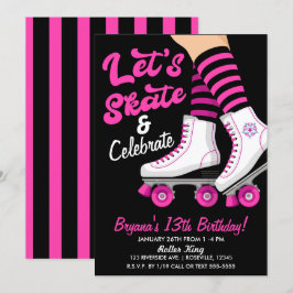 Pink & Black Roller Skate Skaten Geburtstagsparty Einladung