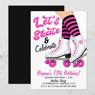 Pink & Black Rollschuh Eislauf Geburtstagsfeier Einladung