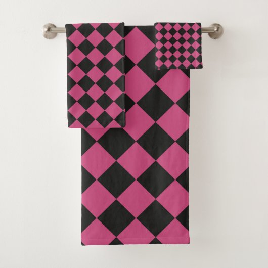 Pink Black Schachbrett Diamond Pattern Badhandtuch Set (Insitu)