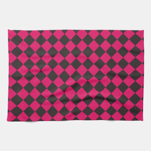 Pink Black Schachbrett Diamond Pattern Geschirrtuch (Horizontal)