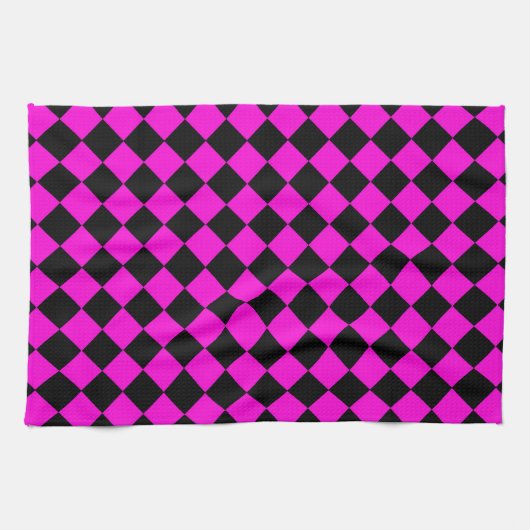 Pink Black Schachbrett Diamond Pattern Geschirrtuch (Horizontal)