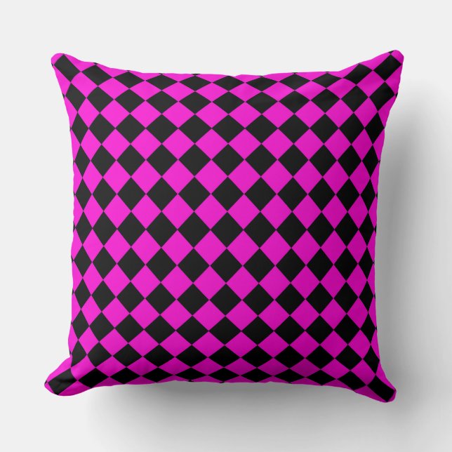 Pink Black Schachbrett Diamond Pattern Kissen (Vorderseite)