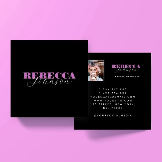Pink & Black Script Photo Square Business Card Quadratische Visitenkarte