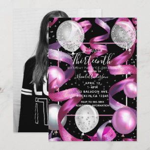 Pink Black Silber Glitter 13. Geburtstag Foto Einladung