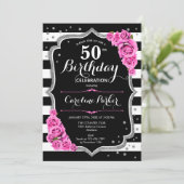 Pink Black Silver Foto 50. Geburtstag Einladung (Stehend Vorderseite)