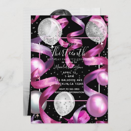 Pink Black Silver Glitzer 13. Geburtstag Foto Einladung (Vorne/Hinten)