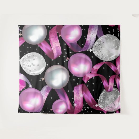 Pink Black Silver Glitzer Balloons Party Hintergru Wandteppich (Vorderseite (Horizontal))