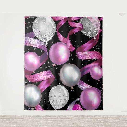 Pink Black Silver Glitzer Balloons Party Hintergru Wandteppich (Vorderseite)