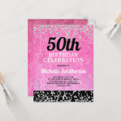 Pink Black Silver Glitzer Erwachsene 50. Geburtsta Karte (Vorderseite/Rückseite Beispiel)