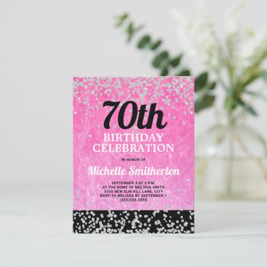 Pink Black Silver Glitzer Erwachsene 70. Geburtsta Karte (Stehend Vorderseite)