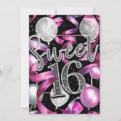 Pink Black Silver Glitzer Sweet 16 Birthday Party Einladung (Vorderseite)