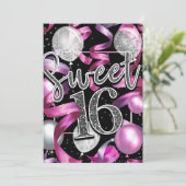 Pink Black Silver Glitzer Sweet 16 Birthday Party Einladung (Stehend Vorderseite)