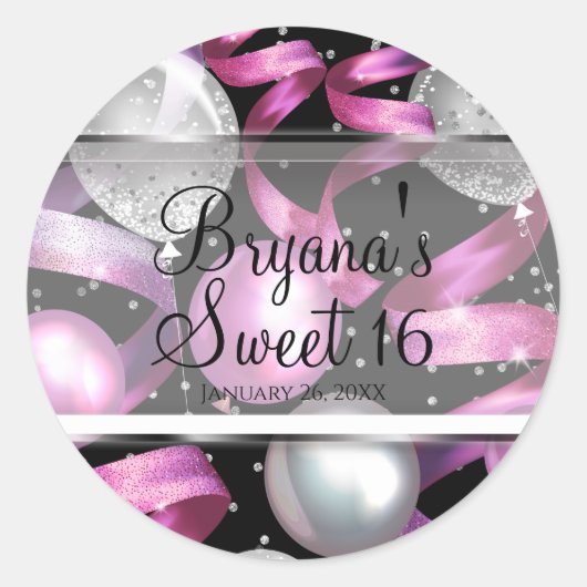 Pink Black Silver Glitzer Sweet 16 Birthday Party Runder Aufkleber (Vorderseite)