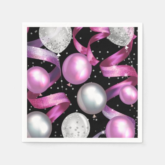Pink Black Silver Glitzer Sweet 16 Birthday Party Serviette (Vorderseite)