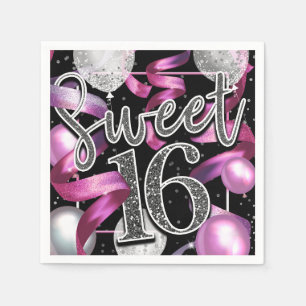 Pink Black Silver Glitzer Sweet 16 Birthday Party Serviette