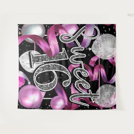 Pink Black Silver Glitzer Sweet 16 Party Hintergru Wandteppich (Vorderseite (Horizontal))