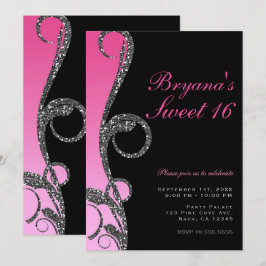 Pink Black Silver Glitzer Swirl Sweet 16 Party Einladung