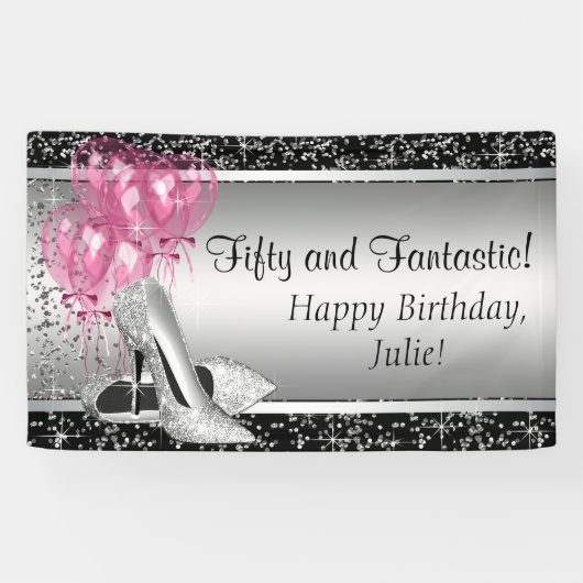 Pink Black Silver High Heel Shoe Geburtstagsparty Banner (Horizontal)