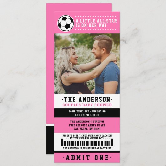 Pink Black Soccer Ticket Pärchen Kinderdusche Foto Einladung (Vorne/Hinten)