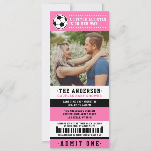 Pink Black Soccer Ticket Pärchen Kinderdusche Foto Einladung (Vorderseite)