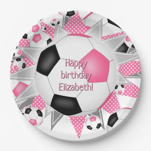 Pink Black Soccerball Blowout Sport Geburtstag Pappteller (Vorderseite)