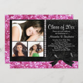 Pink/Black Sparkle Bow 3 Foto Graduation Party Einladung (Vorne/Hinten)