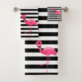 PINK BLACK STRIPE FLAMINGO BADEZIMMER TOWEL SET (Insitu)